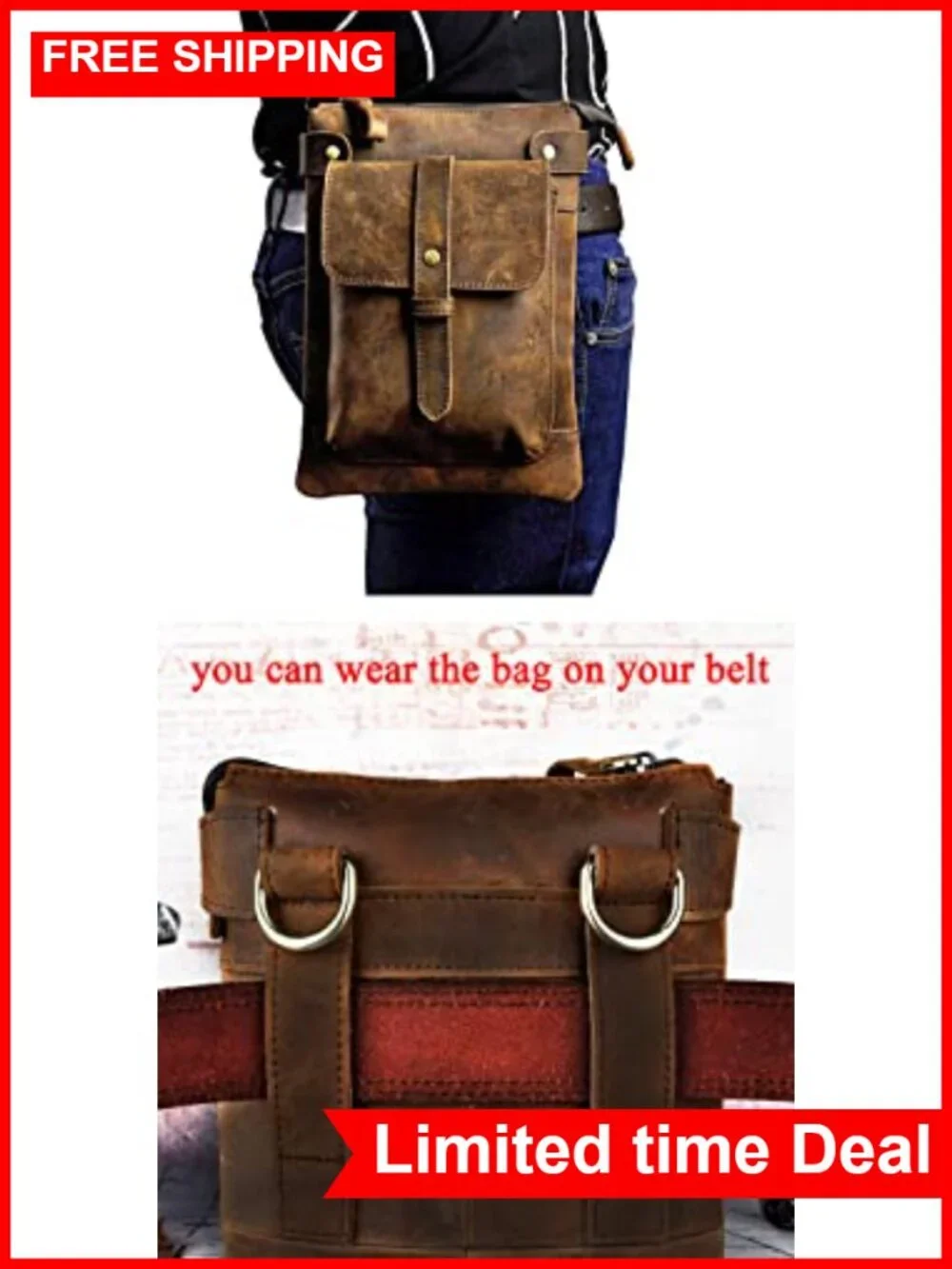 Genuine Leather Messenger Bag Convertible Waist Pack Adjustable Strap 3 Pockets
